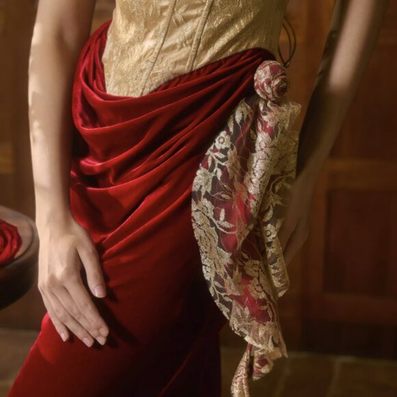 Victorian Gold Corset Boned Velvet Maxi Dress - Picture 7 of 9